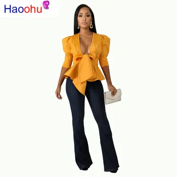 

Half Sleeve Sexy Deep V Neck Bow Blouse Women Summer Casual Solid Color Ruffle Blouse Elegant Bandage Crop Blouse Top