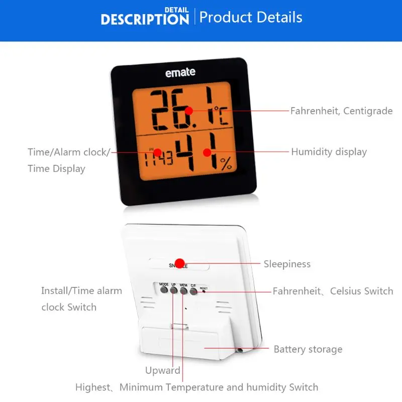 Комнатный термометр гигрометр Цифровой lcd C/F Измеритель температуры и влажности Будильник