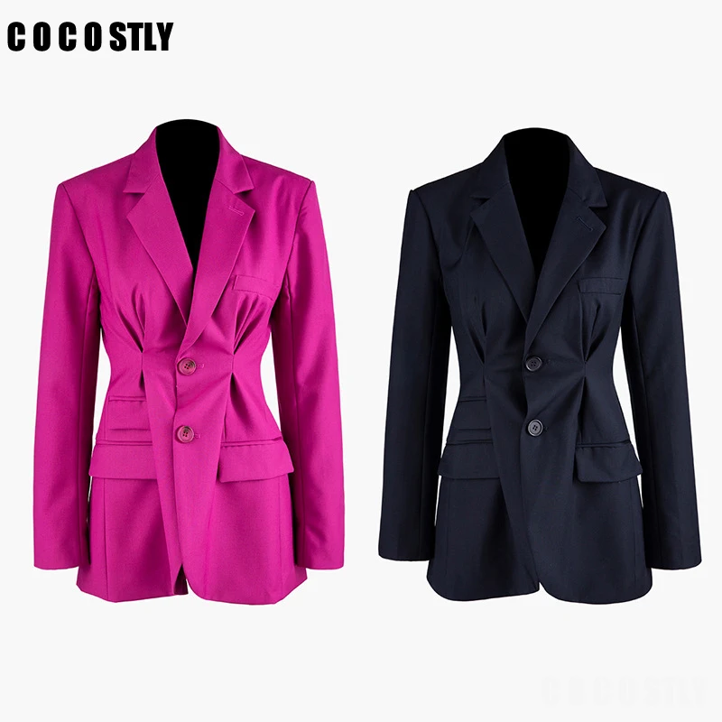 

Autumn OL Solid Navy Blazer For Women Lapel Collar Long Sleeve Button Tunic Coat Top Female 2019 Fashion Office Lady Clothes