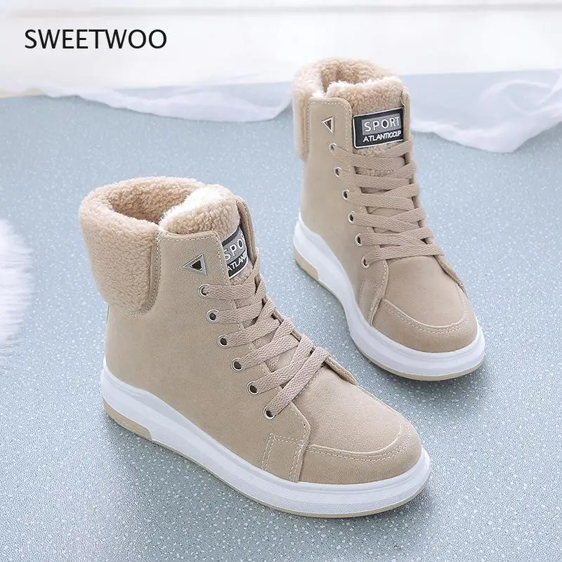2021 Winter Boots Women Ankle Boots Warm UP Plush Winter Women Shoes Sneakers Flats Lace Up Ladies Shoes Women Short Snow Boots