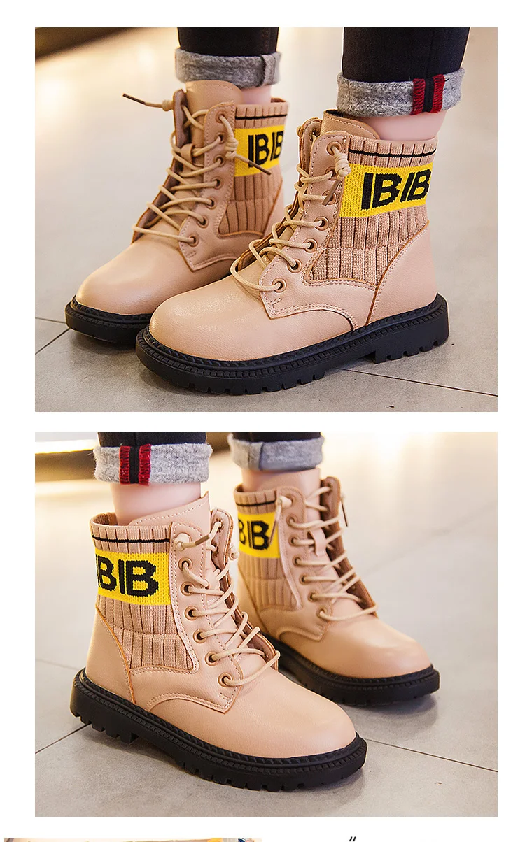 Botas de Moda Botas para Meninos Sapatos de Couro Crianças Martin Meninas Outono Inverno Remendado Estiramento Grosso Quente Algodão Borracha 3 Mamãe e Bebê
