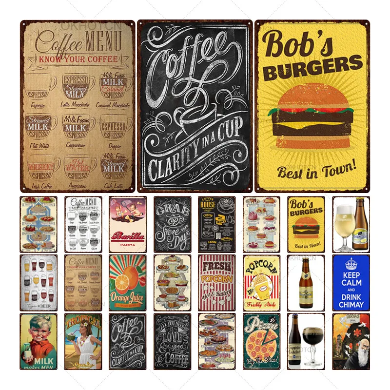 Fast Food Vintage Tin Signs Art Coffee Beer Burgers Milk Pizza Iron Poster Plate Cafe Wall Plaque Diner Bar Kitchen Home Decor | Дом и сад