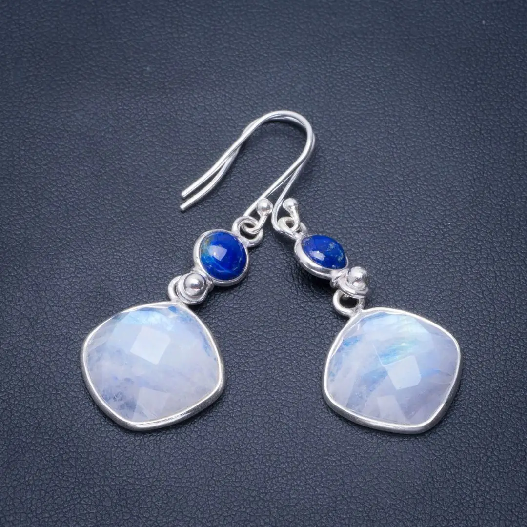 

Natural Rainbow Moonstone and Lapis Lazuli Handmade Unique 925 Sterling Silver Earrings 2" B2220