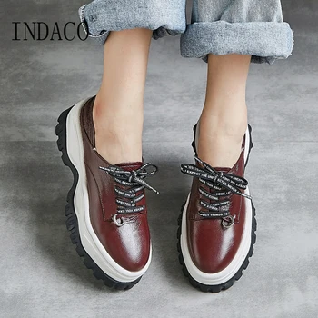 

Women Casual Shoes Brown Black Leather Woman Sneakers Platform Lace Up 6cm