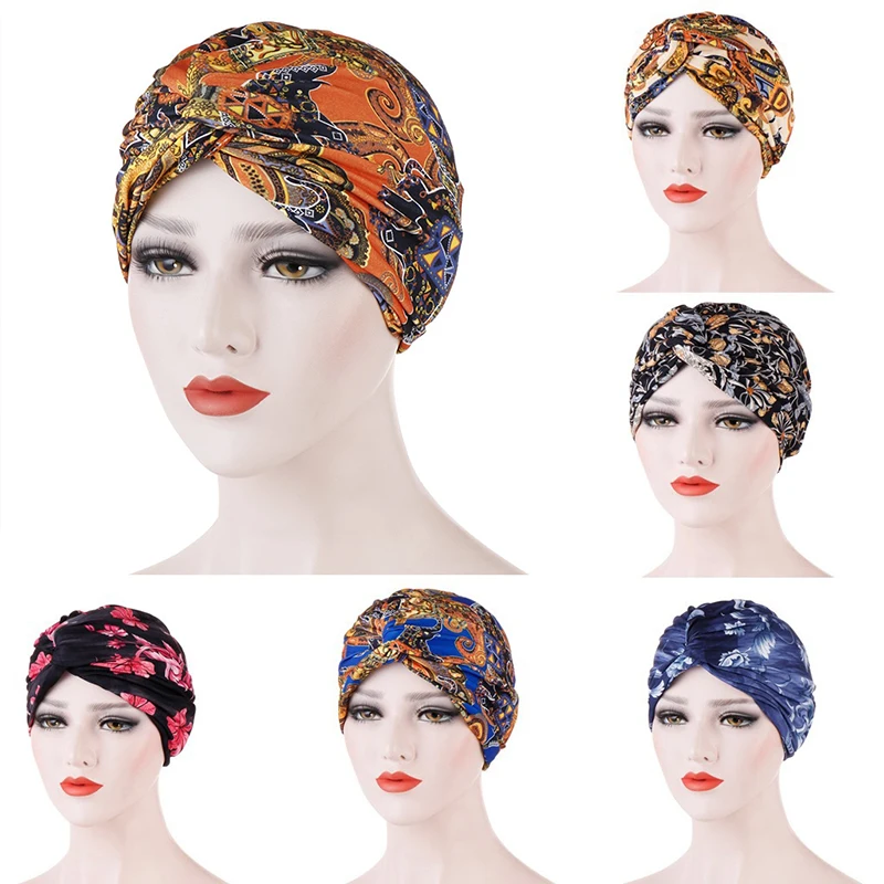 

New Women Flower Print Knot Cancer Ruffle Chemo Hat Muslim Beanie scarf Turban Head Wrap Knitted Cap Hair Loss Accessories