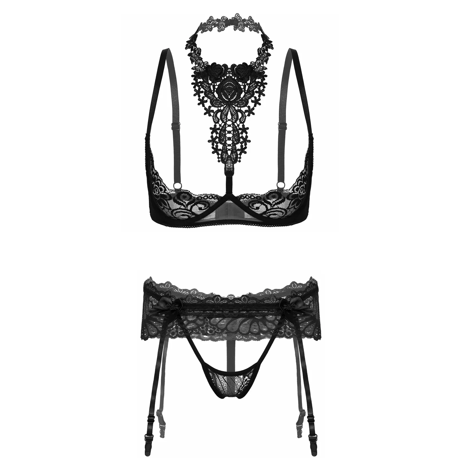 

Women See-through Lace Bra Brassiere Underwired Unlined Halter Bare Breast Bra Elastic Hollow Out Lace Skirted Thongs Garters
