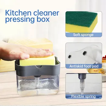 

Soap Pump Dispenser with Sponge Holder Cleaning Liquid Dispenser Container Manual Press Soap Creative Kitchen Cleaner Tool