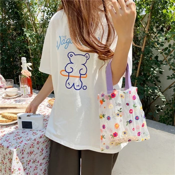 

Lace Mesh Handbag For Women 2020 Summer Special Flower Embroidery Translucent Mini Tote Girls Ladies Beach Pouch Shopping Tote