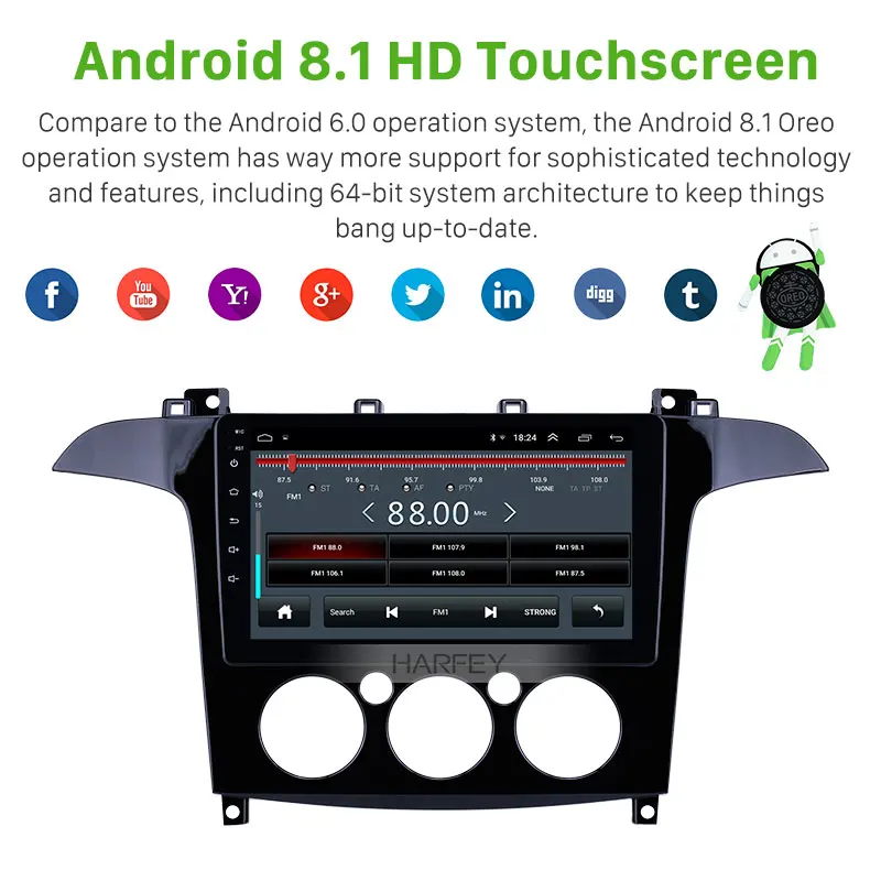Clearance Harfey Bluetooth GPS Navigation 9 inch Car Radio HD Touchscreen for Ford S-Max Manual A/C 2007-2008 Android 8.1 support Carplay 1