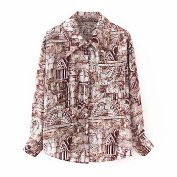 

Retro Architectural pattern print loose blouse shirt long sleeve Pocket decoration shirts vintage female casual tops blusas