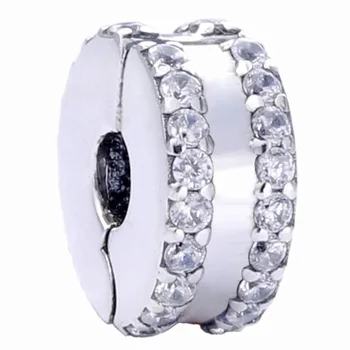 

New 925 Sterling Silver Bead Charm Pave Sparkling Double Lined With Crystal Clip Stopper Beads Fit Bracelet DIY Jewelry