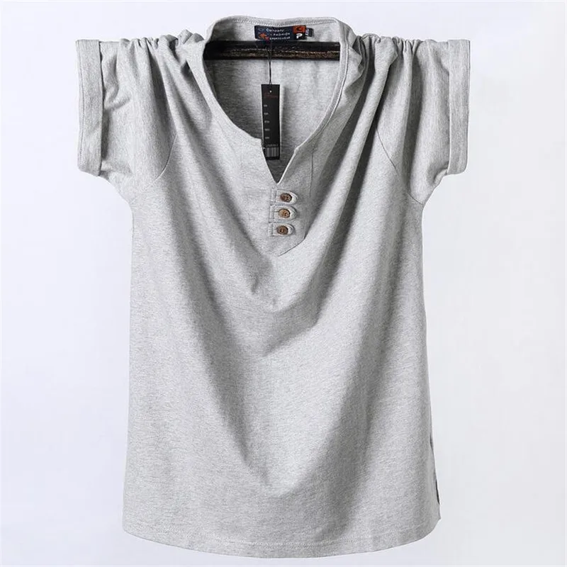 Топы из чистого хлопка, Мужская футболка, летняя, размера плюс, 3XL, 4XL, 5XL, 6XL, 7XL, 8XL, v-образный ворот, модная, одноцветная, футболка, мужская одежда - Цвет: Light gray