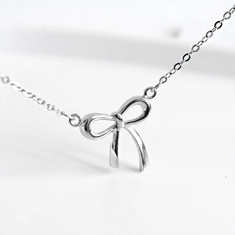 

S925 Fine Silver Bow Necklace South Korea Elegant Simple Women's Versitile Fashion Short Choker Versatile Necklace