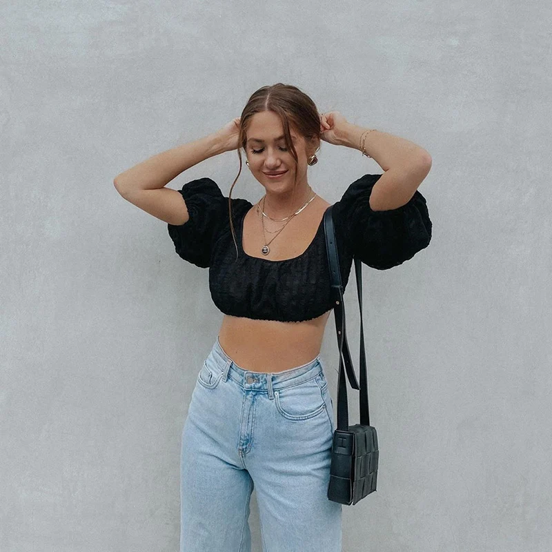 

Oforest Fashion women backless sexy top Puff sleeve adjustable solid black shirt Fashion office lady holiday summer top shirt