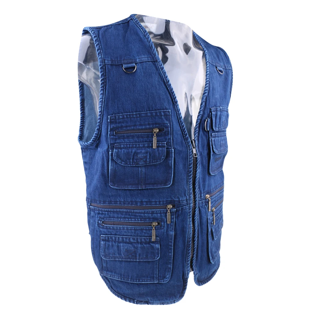

Men's Casual Outdoor Leisure Lightweight Multi Pockets Fishing Photo Journalist Denim Vest XL- 5XL