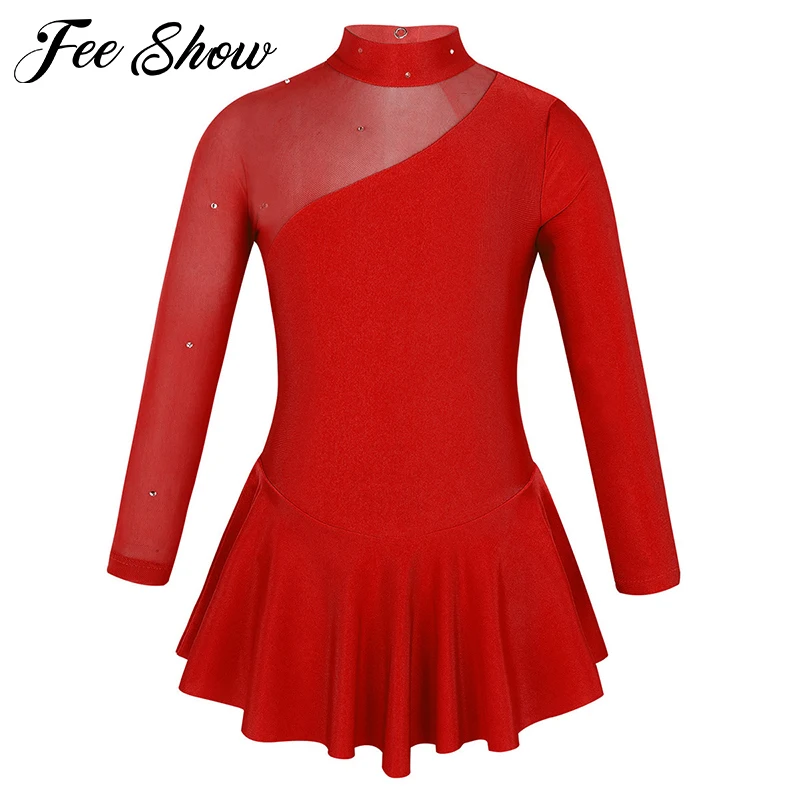 Kids Girls Rhinestone Tulle Splice Long Sleeve Figure Ice Skating Dress Child Ballet Gymnastics Leotard Lyrical Dance Costumes | Детская