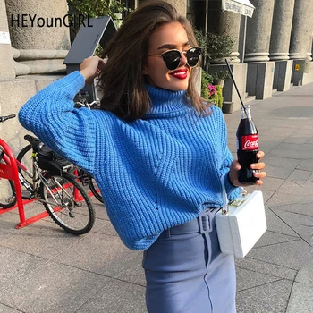 

Heyoungirl Bat Sleeve High Neck Sweater Women Knitted Turtleneck Jumper Pullover Loose Casual Fashion Tops Winter Autumn 2019