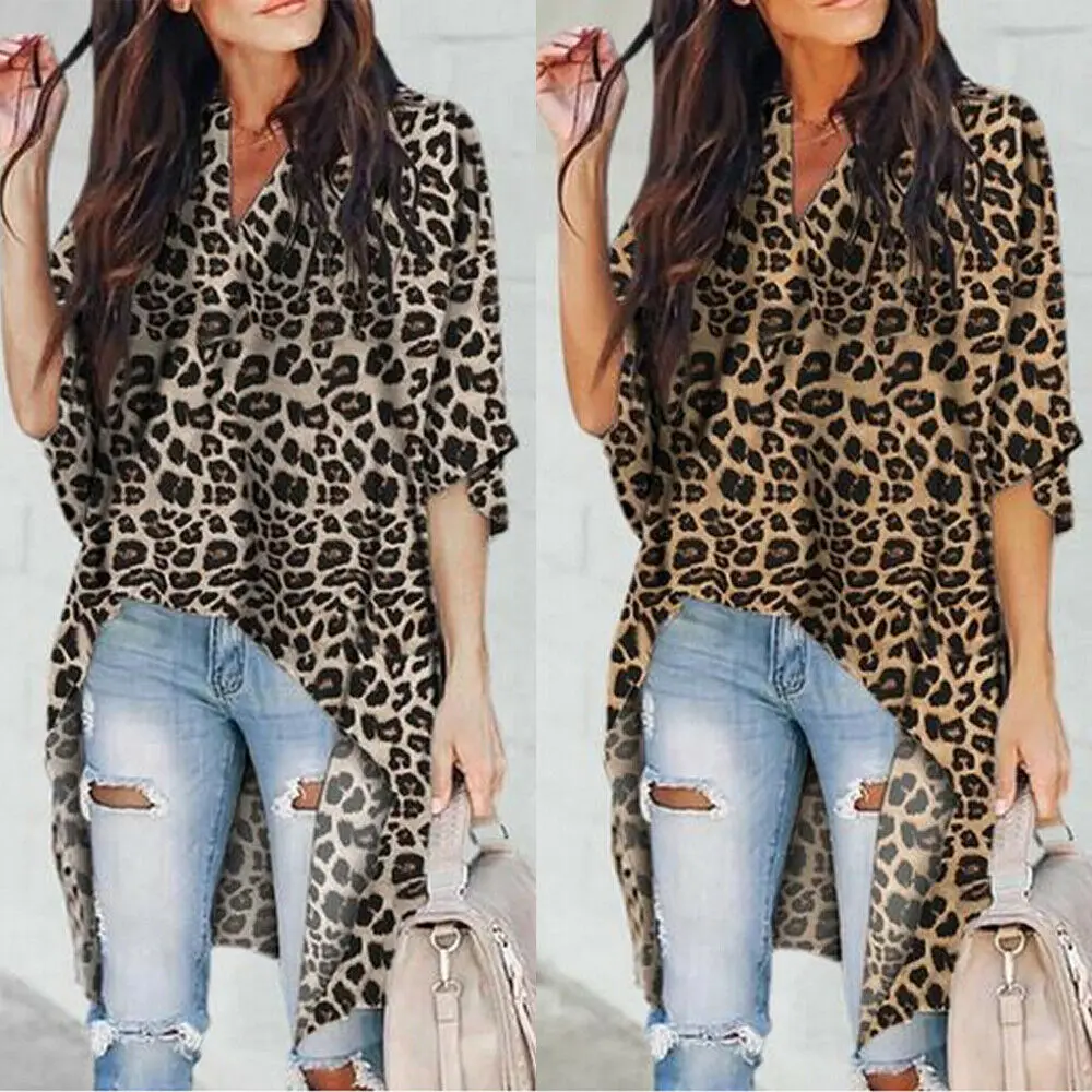 

Fashion Women's V-Neck Half Sleeve Lrregular Leopard Print Pullover Tops Ladies Summer Chiffon Shirt Loose Casual Blouse Tops