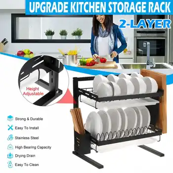 

2 Tiers Dish Drying Rack Storage Shelf Stainless Steel Kitchen Washing Holder Bowl Drain Drying Rack Organizer 40.2X28.5X42.4cm