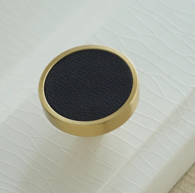 knob 3,7" 5" черные кожаные дверные ручки, медные ручки шкафа, круглые ручки ящика шкафа 96 мм 128 мм, фурнитура - Цвет: knob