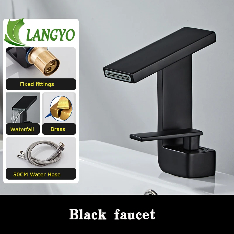 

LANGYO Black Bathroom Vanity Basin Mixer Waterfall Spout Single Handle Widespread Taps Deck Mount Solid Brass Faucets