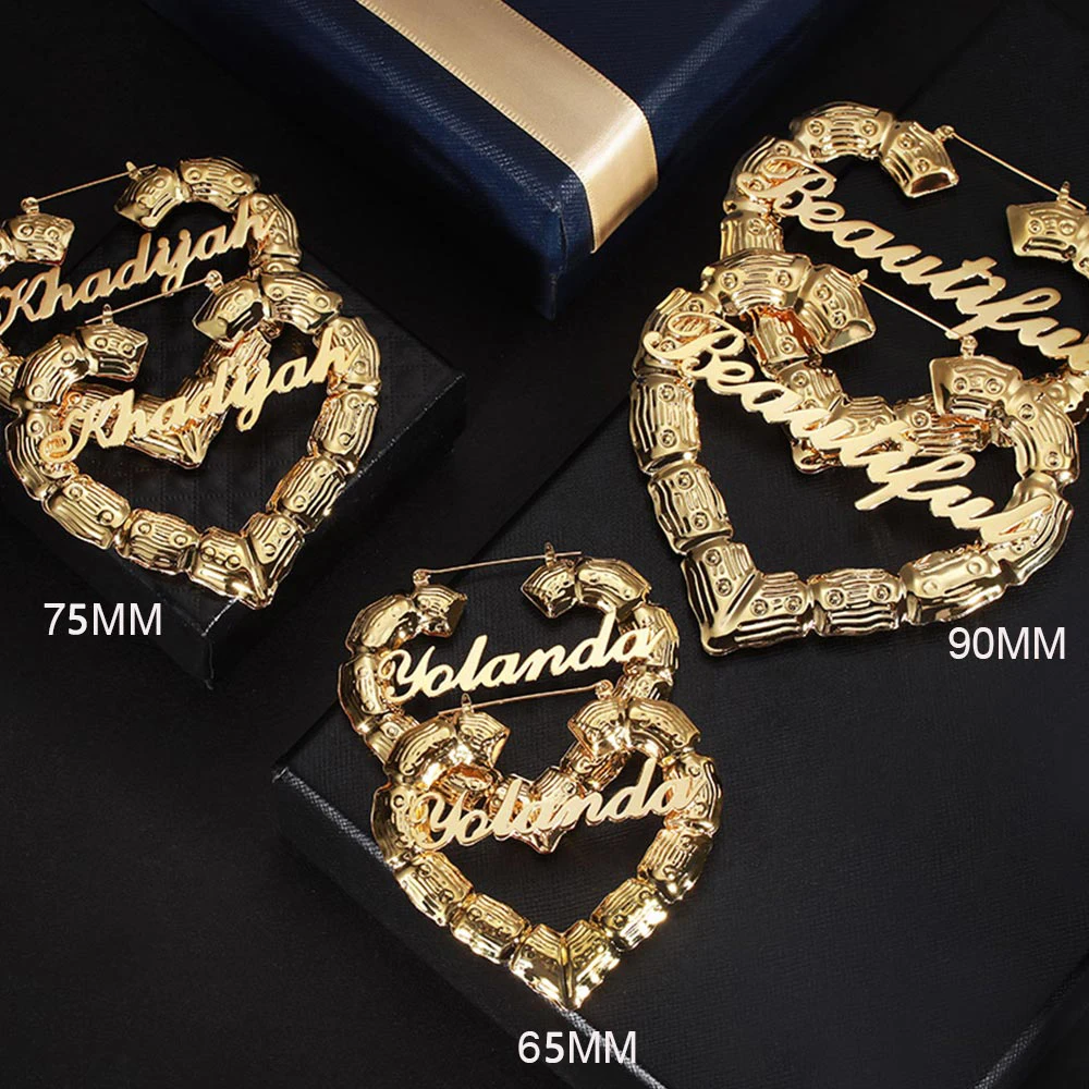 

2020 New Custom Heart Bamboo Hoop Earrings Stainless Steel Custom Name Earring Heart-shaped Earrings Personality Gifts for Women