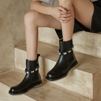 

Genuine Leather Crystal Women low Heels Ankle Boots Winter Warm Autumn Short Chelsea Boots Punk Office New Shoes Woman
