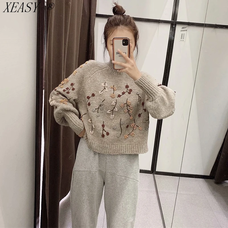 HYII☆HYKI Embroidered Knitted Sweater Beige Women's Vintage Korean Long Sleeve Pullover Chic Flowers