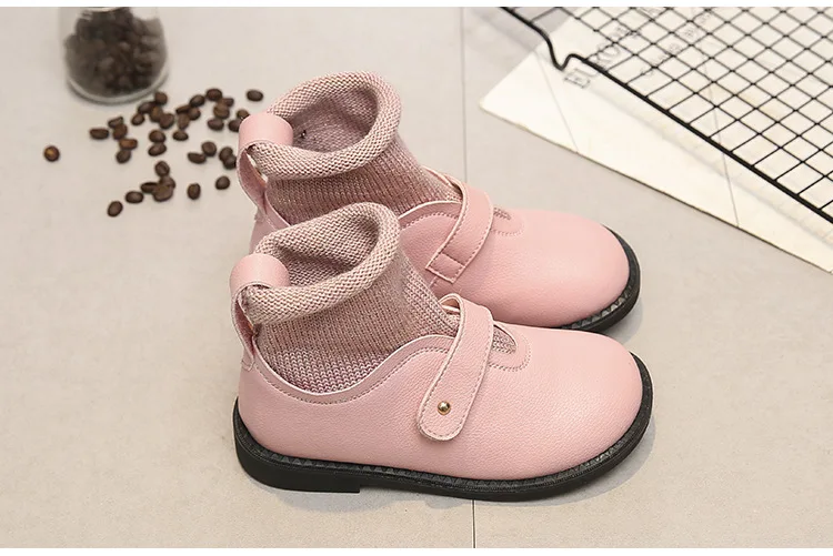 Kids Spring Autumn Pu Leather Boots Ankle-length Knitted Socks Shoes Black Red Pink Fashion Princess Flat Dress Shoes Size 26-37