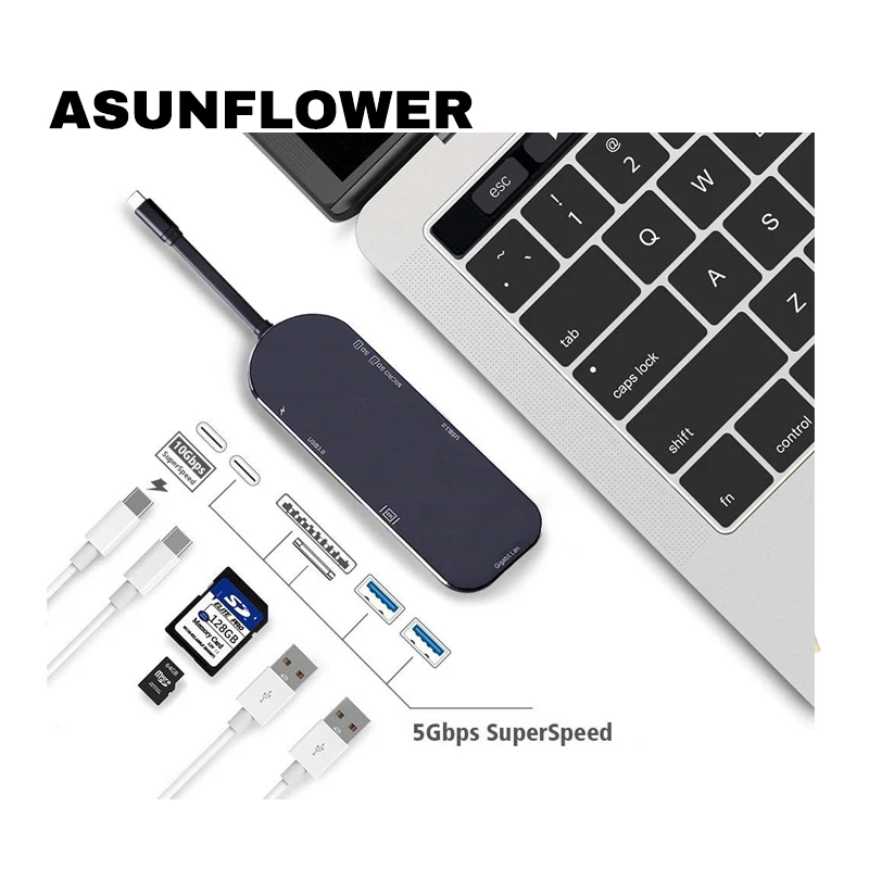 

Asunflower 7 Port USB C HUB Type C To 4K HDMI Gigabit RJ45 + 10Gbps USB C PD Charge Port TF SD Card Slot Dual USB 3.0 USB C HUB