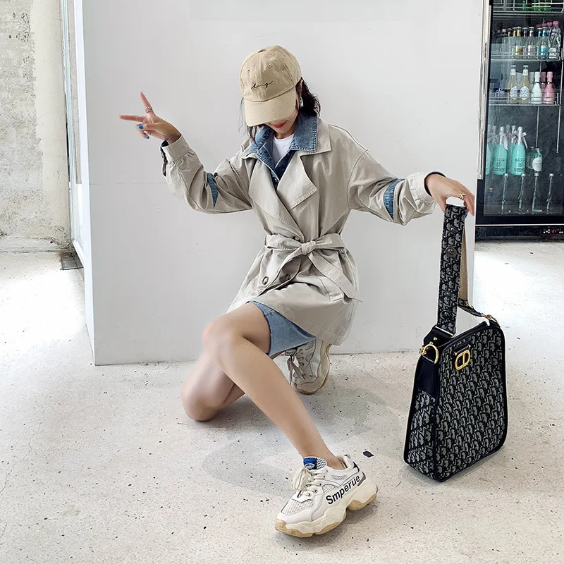 

Short Waist Hugging Slimming Trench Coat 2019 New Style Spring And Autumn Casual Elegant Beige Cowboy Joint Loose-Fit Coat Women
