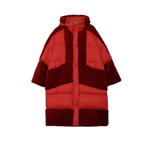 Red OriginalDesign AIGYPTOS, женская зимняя пуховая куртка, толстая, теплая, искусственный мех, пэтчорк, длинное, красное, повседневное, негабаритное, с капюшоном, пуховое пальто - Цвет: Red
