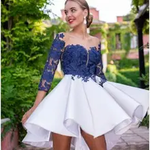 Королевское синее коктейльное платье, из прозрачной ткани платье с кружевными аппликациями по всей длине рукава оборками Мини Короткая Встреча выпускников/корпоративы Выпускной платье