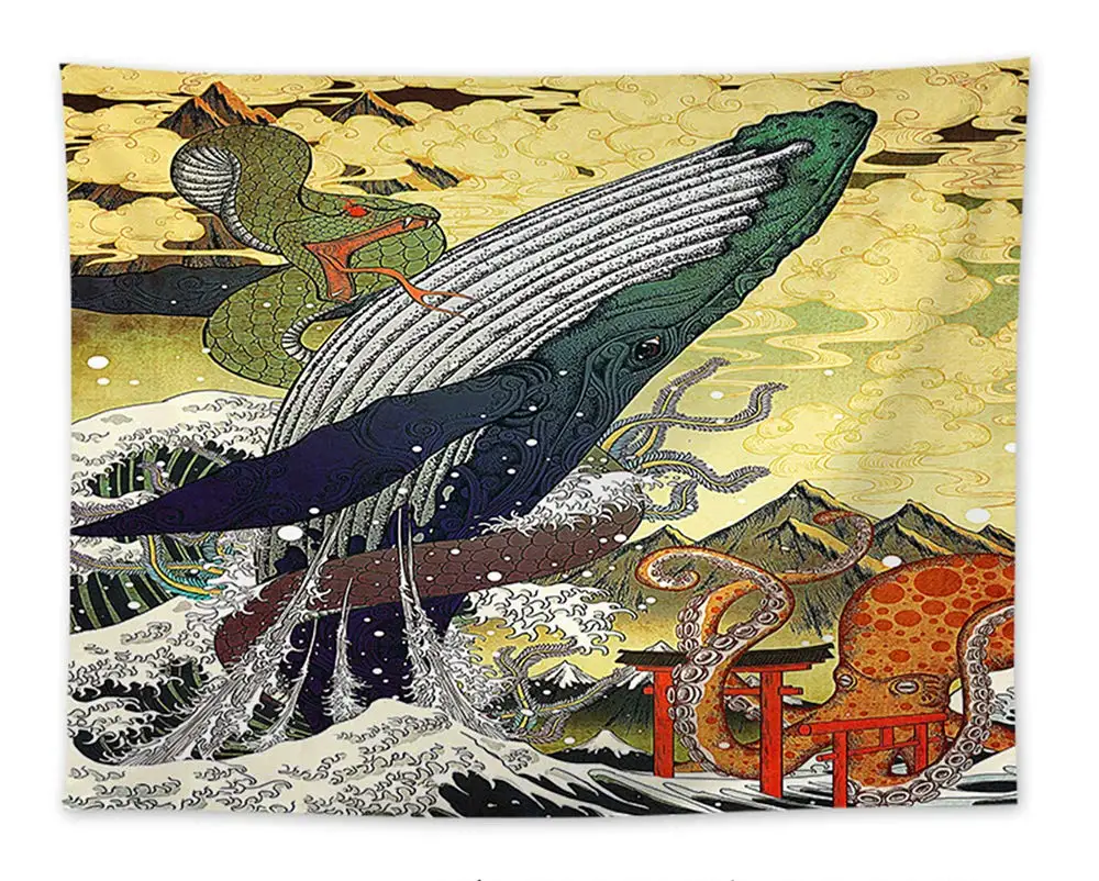 Large Whale Snake Kraken Great Wave Painting Tapestry Traditional Mt. Fuji Clouds Wall Art | Дом и сад