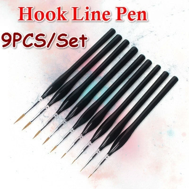 9Pcs/Set Hook Line Soft Hair Pen Oil Watercolor Painting Brush Drawing School Students Supplies