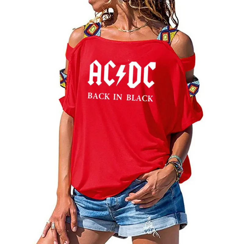 Группа ACDC футболка в стиле рок женские ACDC с буквенным принтом футболки хип-хоп рэп музыка короткий рукав сексуальные открытые плечи топы тройник - Цвет: 7