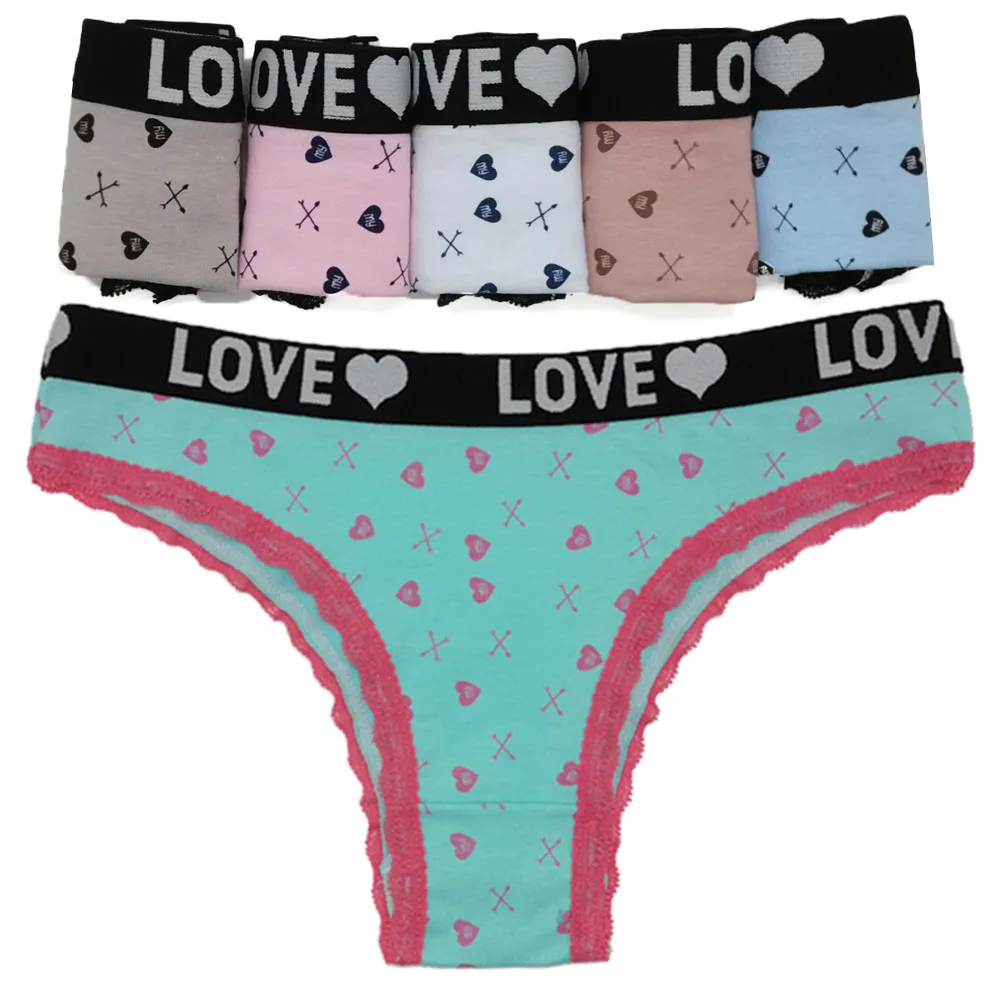 Women's Briefs Heart Letter Print Panties Sexy Lace Cotton Breathable