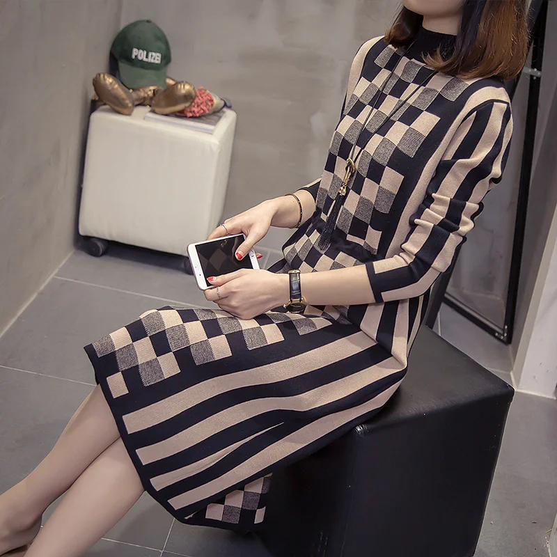 

XL-4XL Plus Size Women Warm Knitted Dress Autumn Winter 2019 Geometric Patterns Long Sleeve Patchwork Striped Sweater Dresses
