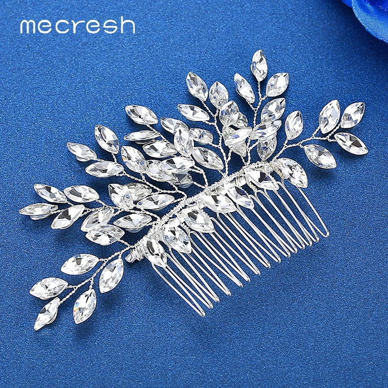 Mecresh Silver Color Leaf Hair Comb Earrings Set Luxury Horse Eye Crystal Bridal Wedding Jewelry Sets for Women MEH1088+FS324