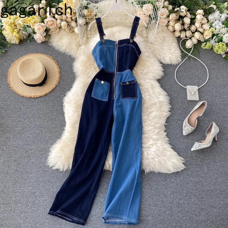 Gagarich Women Jumpsuit Denim Color Matching Jeans Autumn 2020 New Arrival Vintage Fashion High Waist Zipper Wide Leg Bodysuit | Женская