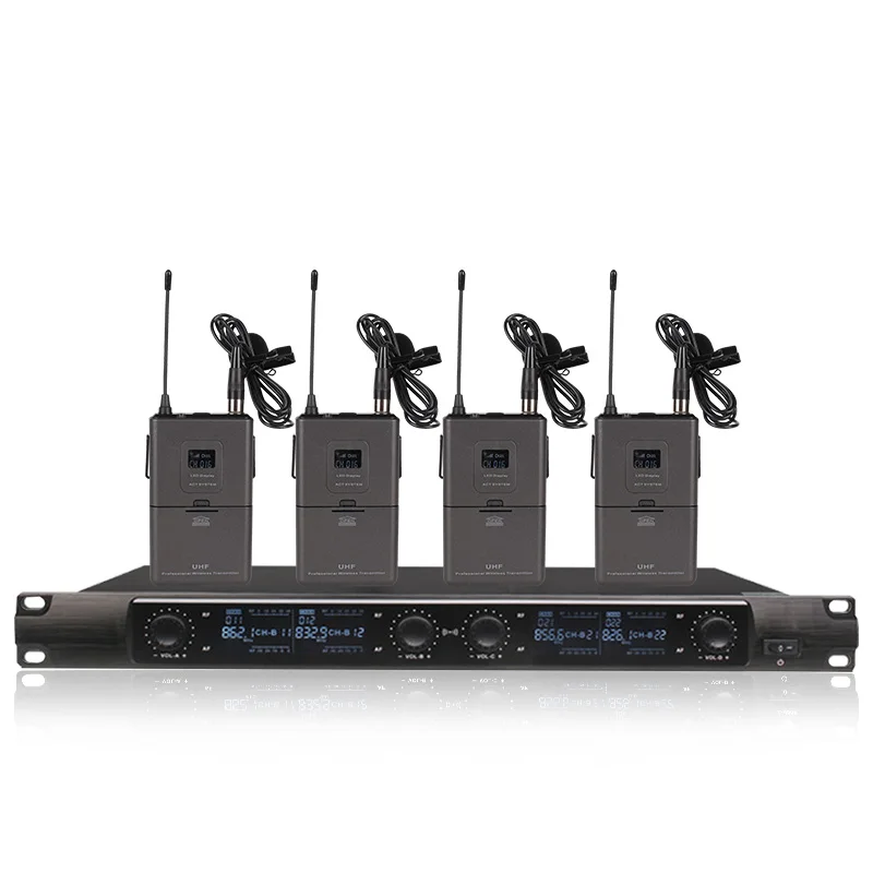

Orban metal material, 4-channel wireless microphone system, 4 lavalier microphones for stage, church, party