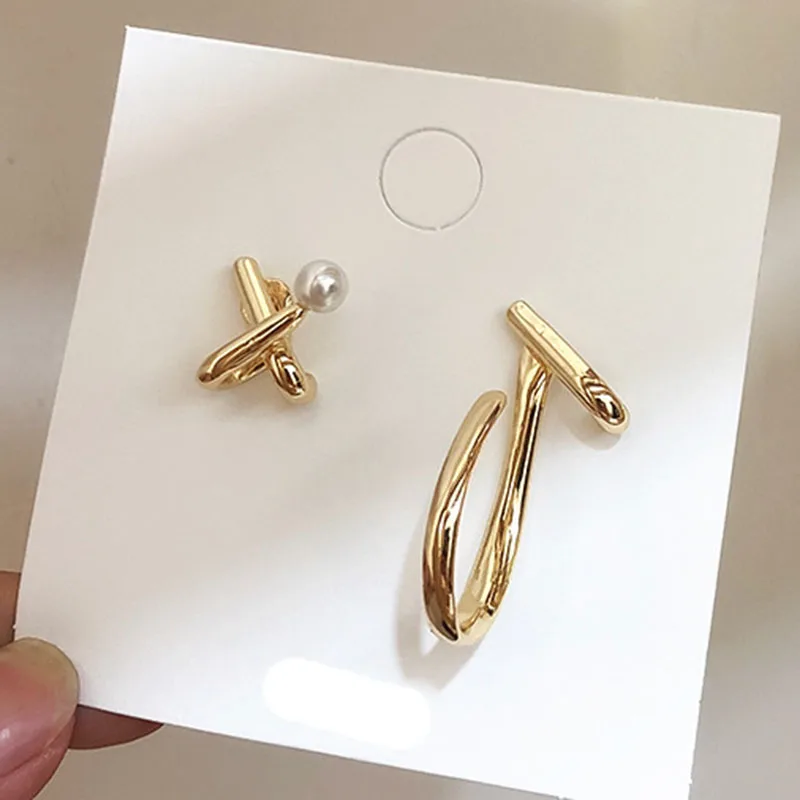 

Trendy Chic Silver Gold Irregular Asymmetry Cross Hook Pearl Stud Earrings for Women Girl Multi Wear Way Fashion Jewelry