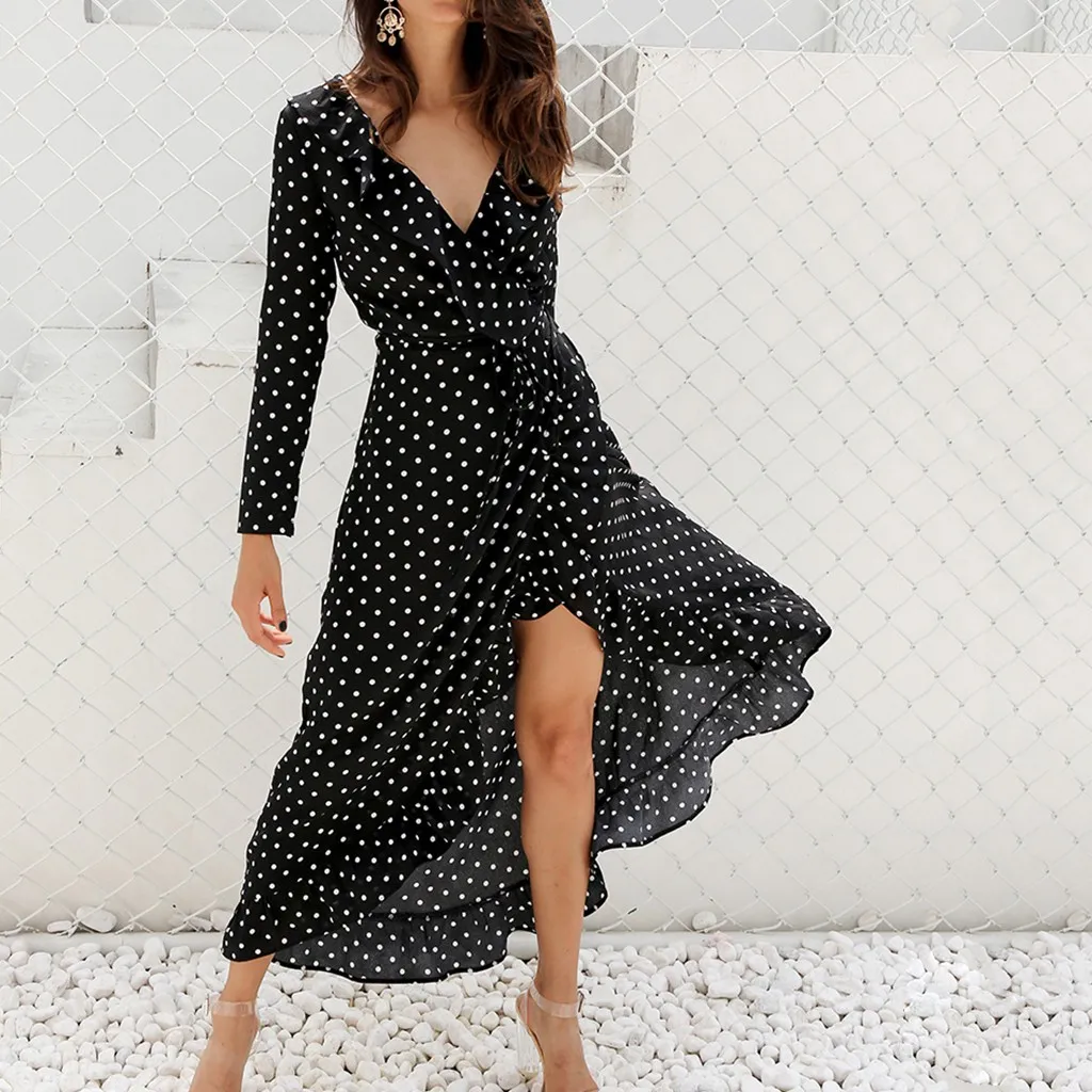 

Vintage Dress plus size Wrap Dress long sleeve Bohemian Dress Lady Dots Printed V Neck Ruffles Holiday 2019 Vestidos De Verano