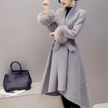 

Elegant Women Winter Ol Sashe Wool Blend Overcoat Fox Fur Sleeve Female Outerwear Woolen Warm Slim Belt Jacket