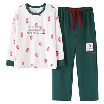 

Strawberry Lettered Pullover Long Sleeve Pajamas Casual Comfortable Homewear Set Series