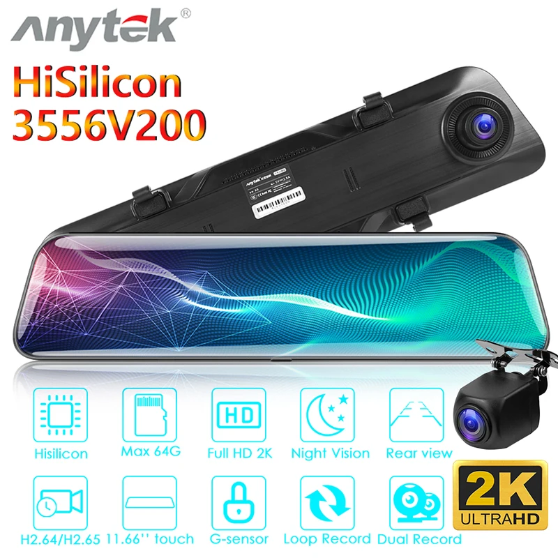 Anytek A9 Автомобильное зеркало заднего вида DVR камера 11 66 &quotIPS Ultra HD 2K 1440P двойной
