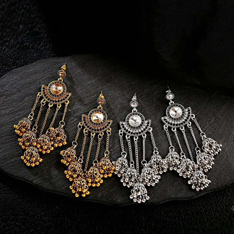 OIQUEI женские индийские Jhumka серьги золотые серебряные Большие колокольчики висячие серьги с длинной кисточкой для женщин богемные цыганские ювелирные изделия
