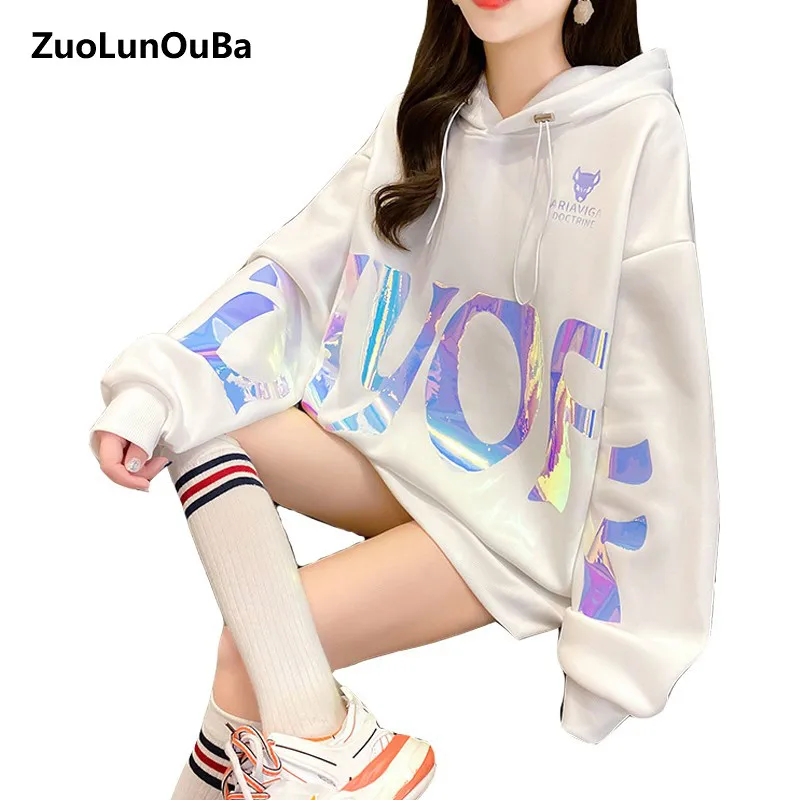 

2020 Winter New Hoodie Women Korean Version Loose Lazy Wind Plus Velvet Thickening Mid-length Letter Printed Ladies Sweatshirt