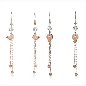 

Simple Fashion Rose Golden Long Earrings Popular Personality Frosted Butterfly/Fish Shape Titanium Steel Tassel Drop Jewelry