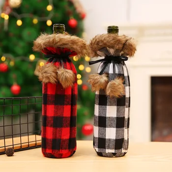 

Hot Sale Christmas Plaid Cloth Wine Bottle Cover Champagne Bottle Sleeve Christmas Home Decorations Supplies WB1047
